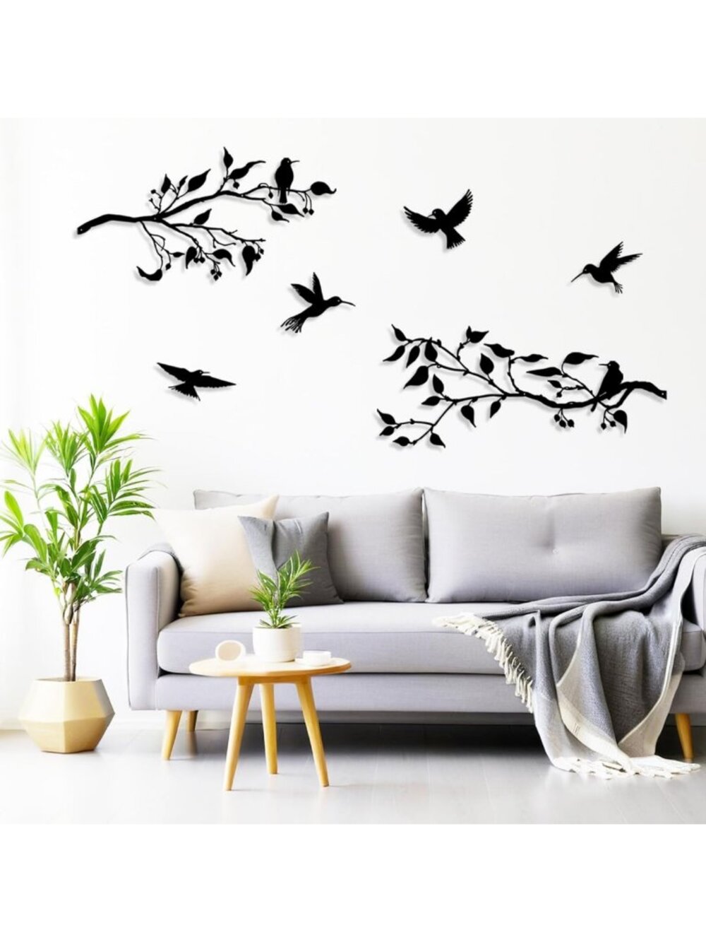 4PCS Large Metal Wall Art Decor - Birds on Branches, Black Leaves, Hummingbirds